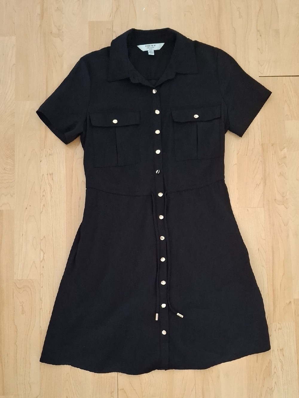 Ever New Black Short-Sleeve Button Mini Dress Size 4 Drawstring Waist